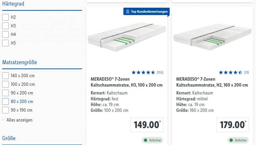 Übersicht Matratzenauswahl Lidl Onlineshop